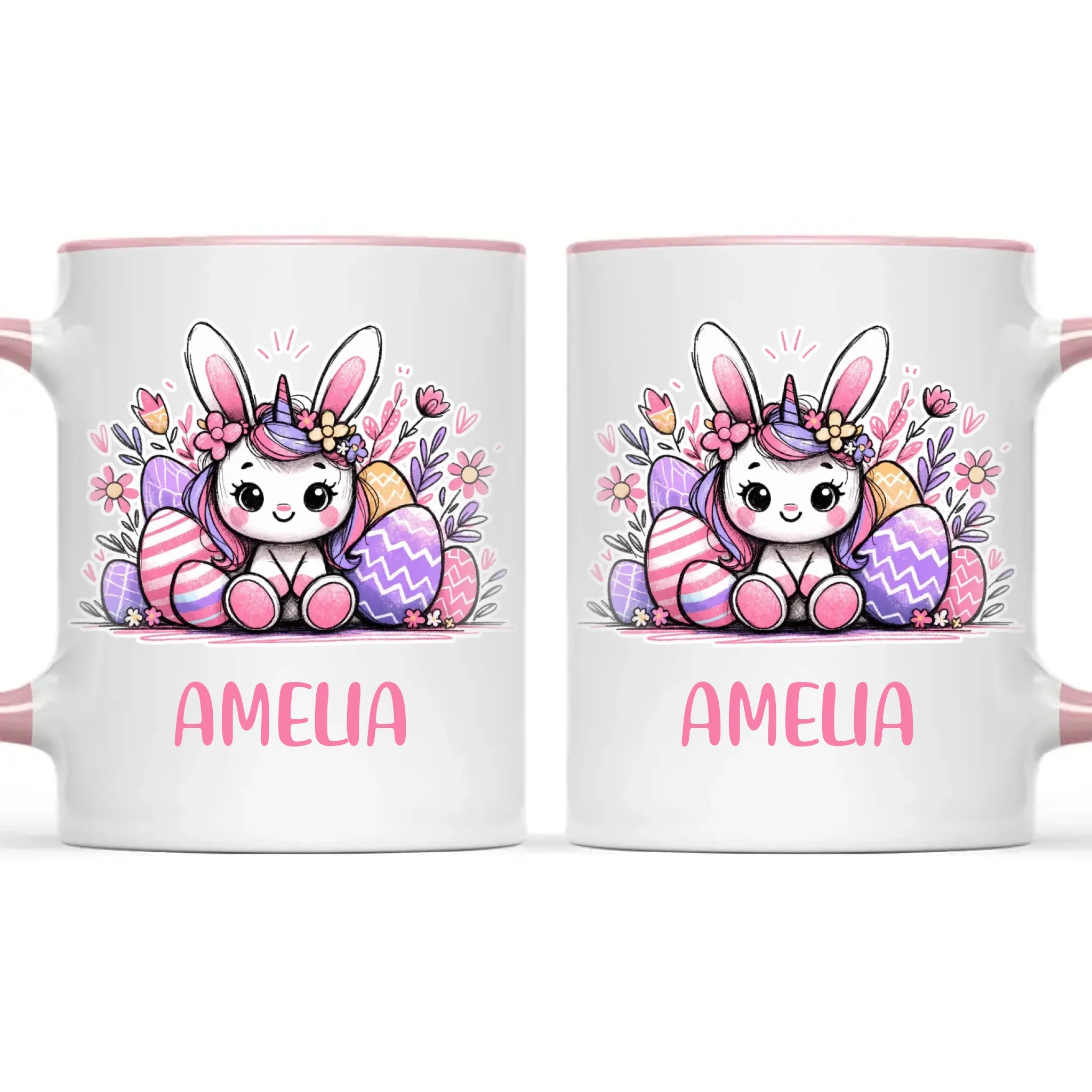 Personalised Easter Bunnycorn Mug – Custom Name Cup for Girls – Cute Unicorn Bunny with Flowers & Eggs – Ceramic or Enamel – NZ Made Gift