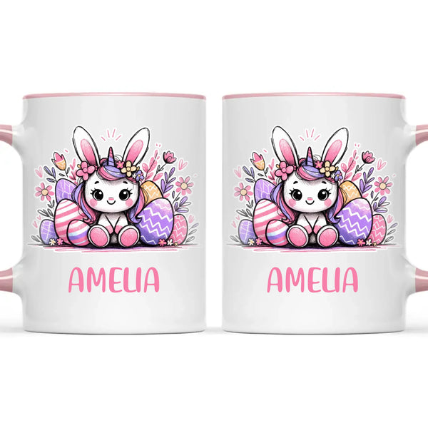 Personalised Easter Bunnycorn Mug – Custom Name Cup for Girls – Cute Unicorn Bunny with Flowers & Eggs – Ceramic or Enamel – NZ Made Gift