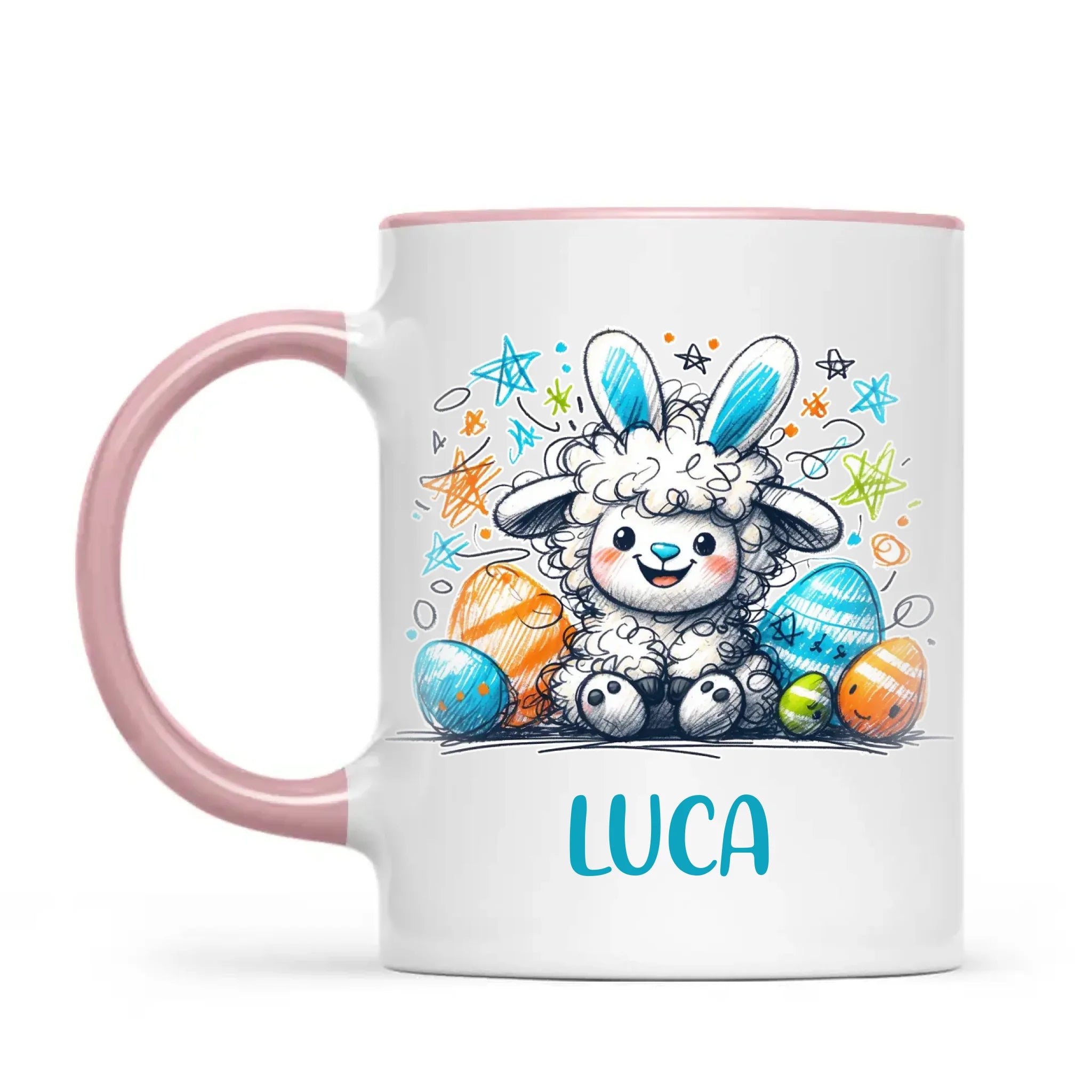 Personalised Easter Mug – Cute Boy Lamb with Bunny Ears & Eggs – Custom Name Kids Cup – Ceramic or Enamel – NZ Made Gift