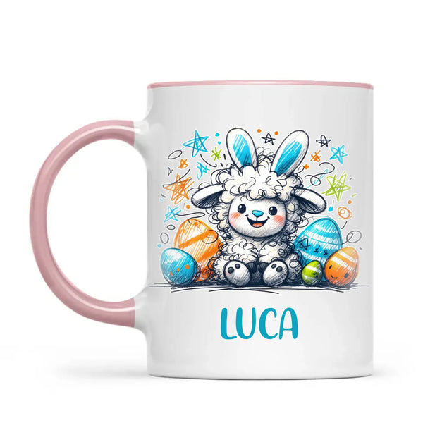 Personalised Easter Mug – Cute Boy Lamb with Bunny Ears & Eggs – Custom Name Kids Cup – Ceramic or Enamel – NZ Made Gift