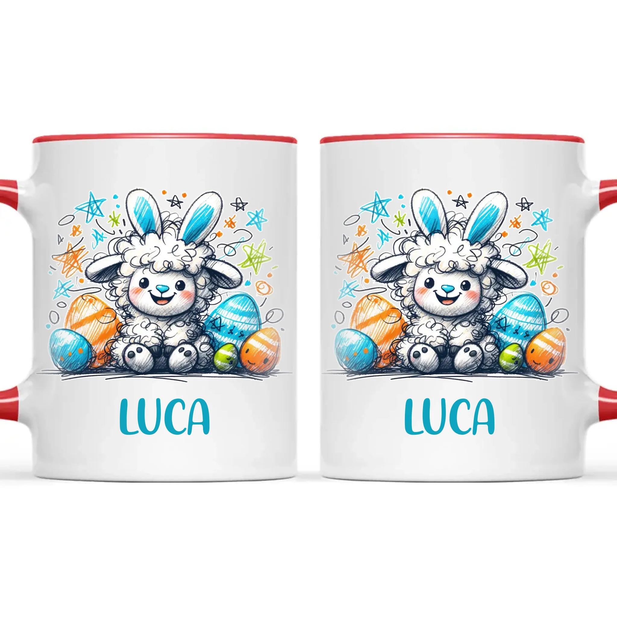 Personalised Easter Mug – Cute Boy Lamb with Bunny Ears & Eggs – Custom Name Kids Cup – Ceramic or Enamel – NZ Made Gift