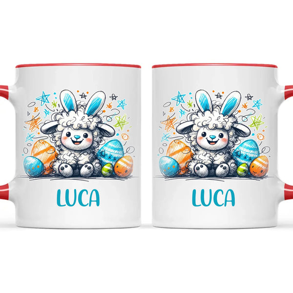 Personalised Easter Mug – Cute Boy Lamb with Bunny Ears & Eggs – Custom Name Kids Cup – Ceramic or Enamel – NZ Made Gift