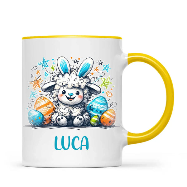 Personalised Easter Mug – Cute Boy Lamb with Bunny Ears & Eggs – Custom Name Kids Cup – Ceramic or Enamel – NZ Made Gift