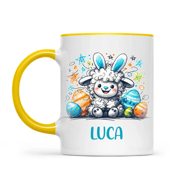 Personalised Easter Mug – Cute Boy Lamb with Bunny Ears & Eggs – Custom Name Kids Cup – Ceramic or Enamel – NZ Made Gift