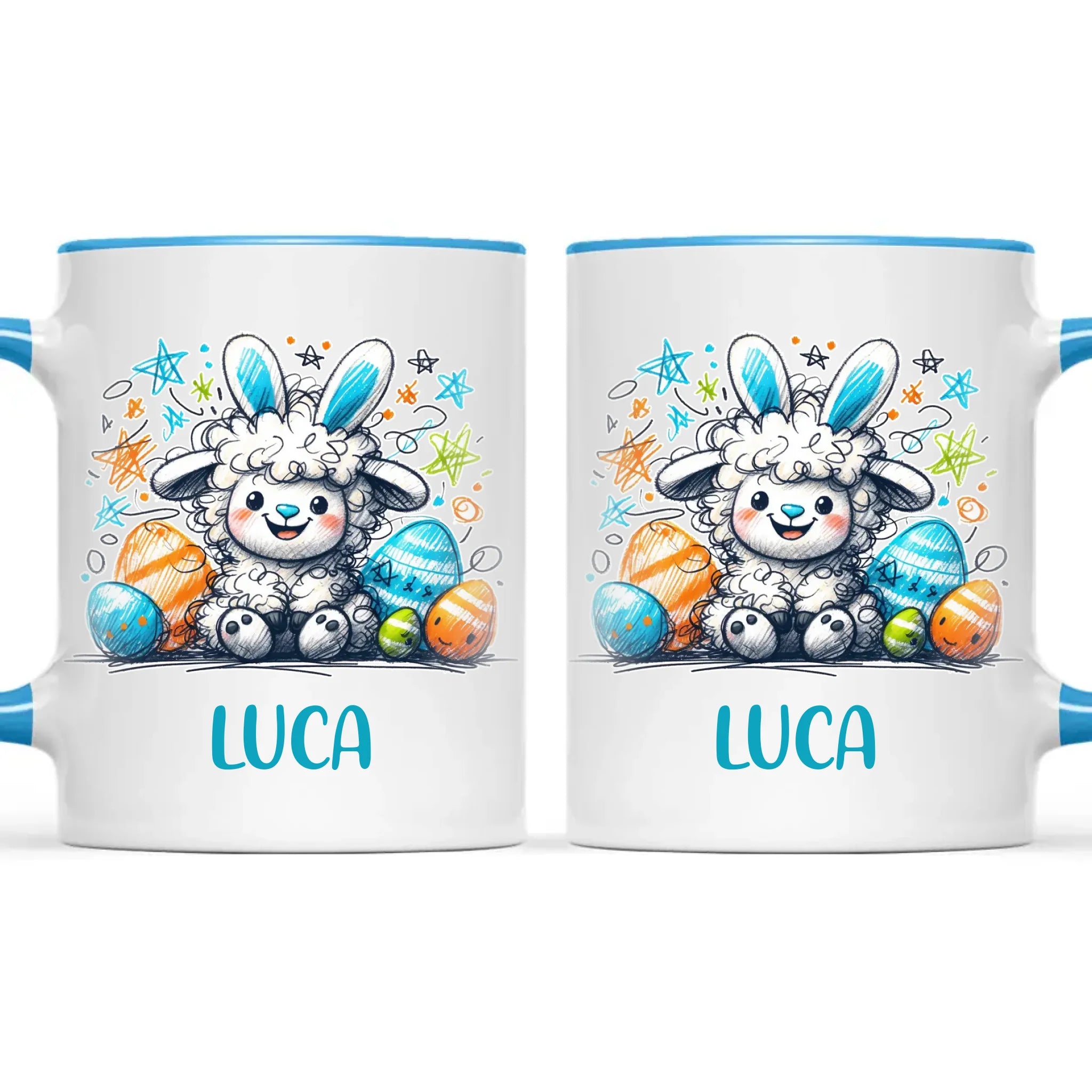 Personalised Easter Mug – Cute Boy Lamb with Bunny Ears & Eggs – Custom Name Kids Cup – Ceramic or Enamel – NZ Made Gift