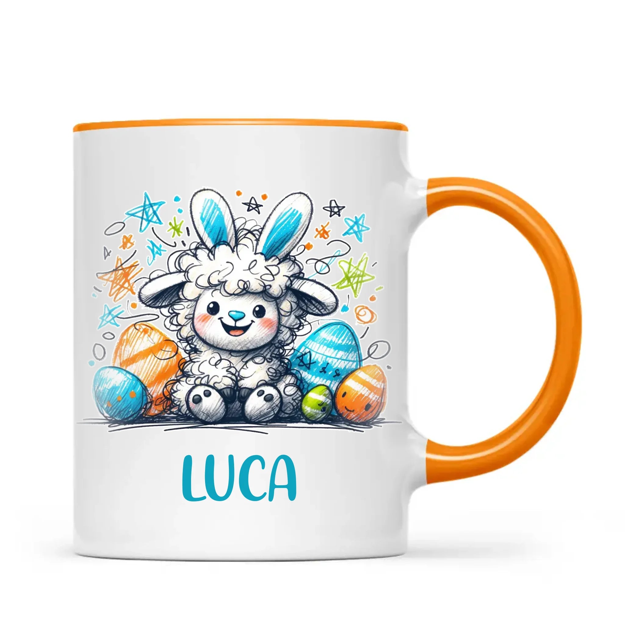 Personalised Easter Mug – Cute Boy Lamb with Bunny Ears & Eggs – Custom Name Kids Cup – Ceramic or Enamel – NZ Made Gift