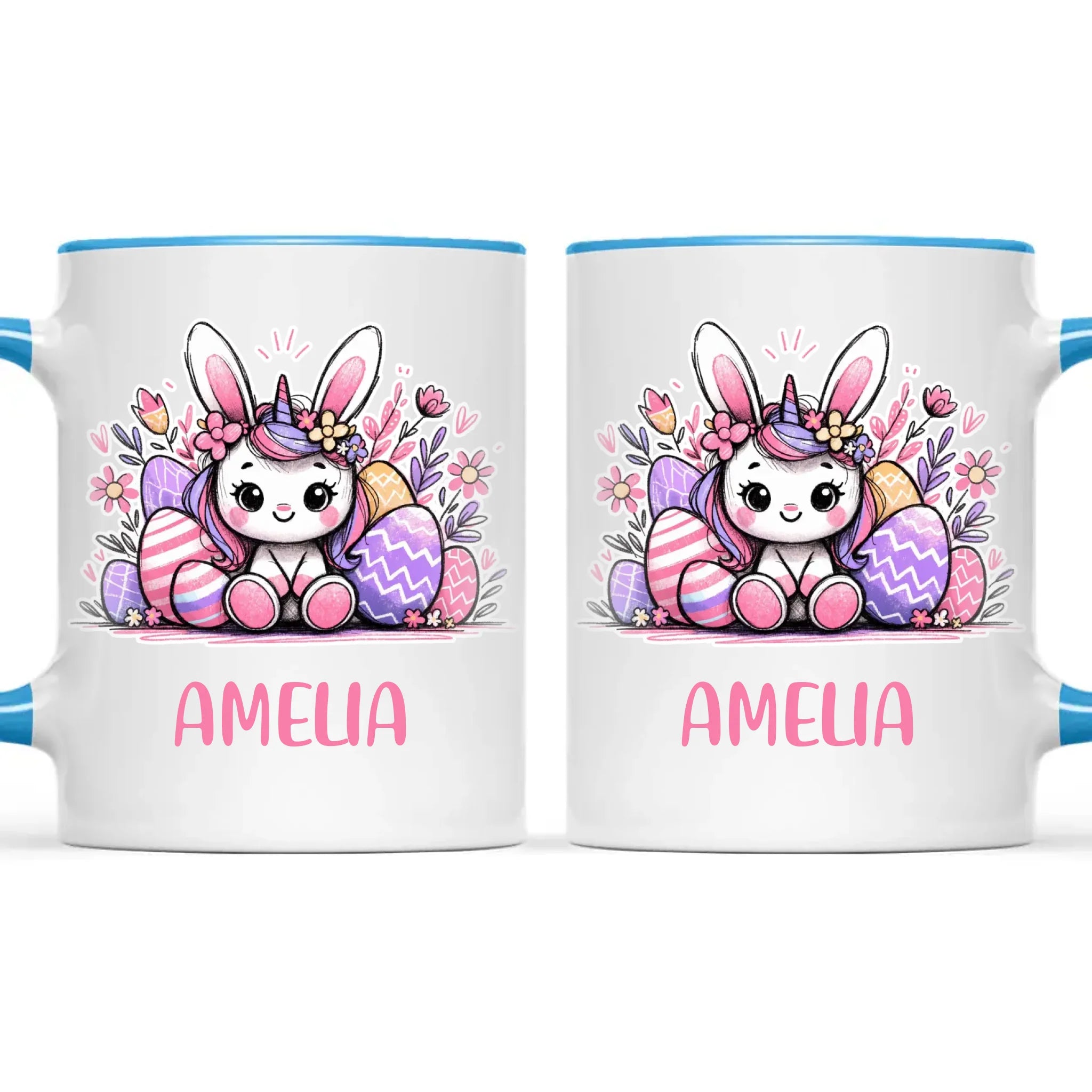 Personalised Easter Bunnycorn Mug – Custom Name Cup for Girls – Cute Unicorn Bunny with Flowers & Eggs – Ceramic or Enamel – NZ Made Gift