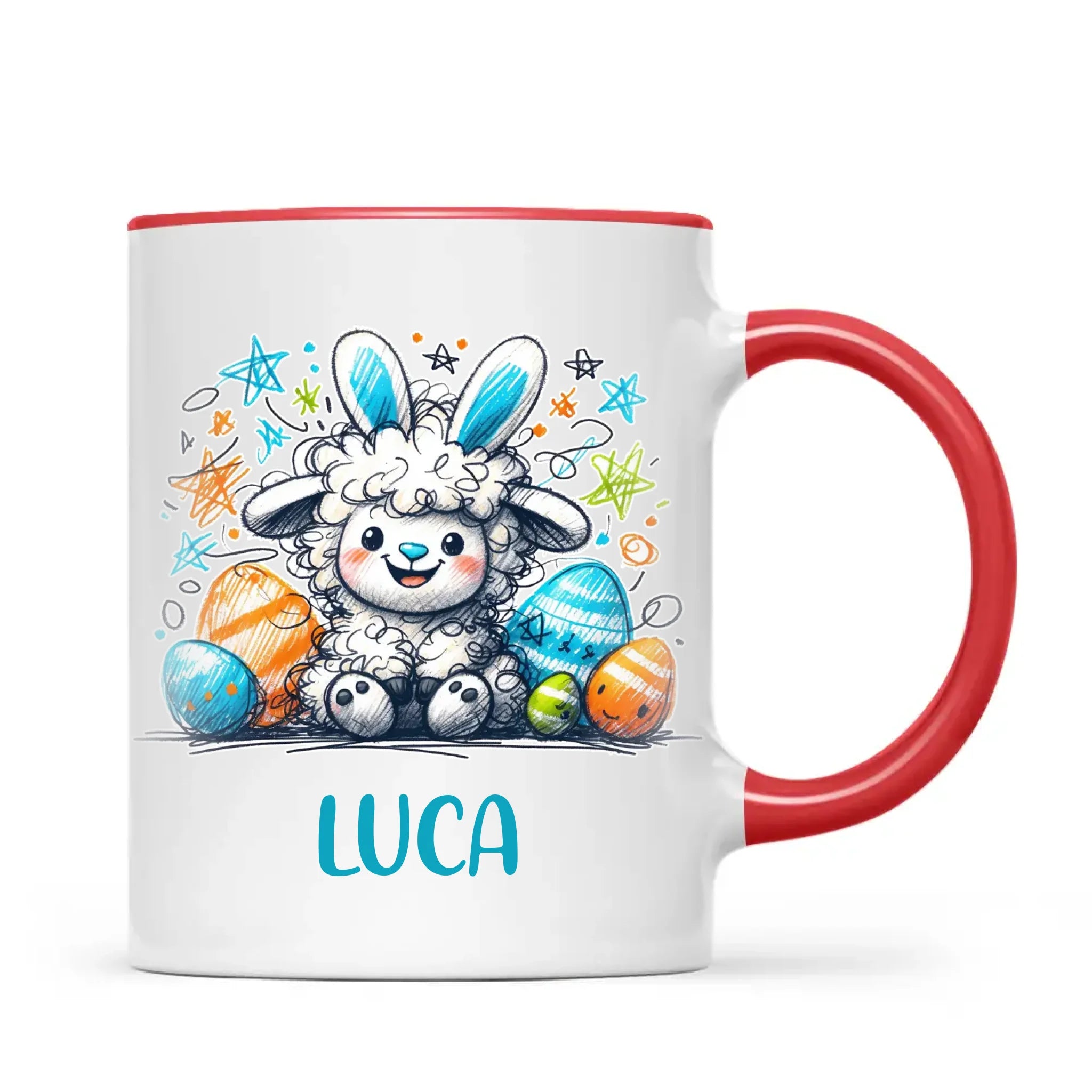 Personalised Easter Mug – Cute Boy Lamb with Bunny Ears & Eggs – Custom Name Kids Cup – Ceramic or Enamel – NZ Made Gift