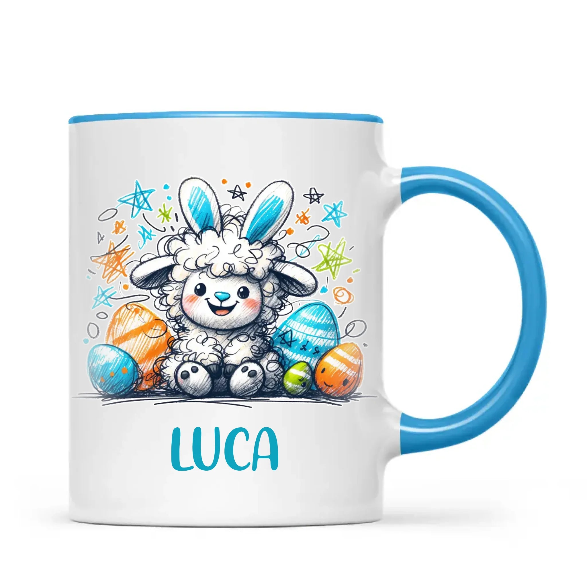 Personalised Easter Mug – Cute Boy Lamb with Bunny Ears & Eggs – Custom Name Kids Cup – Ceramic or Enamel – NZ Made Gift