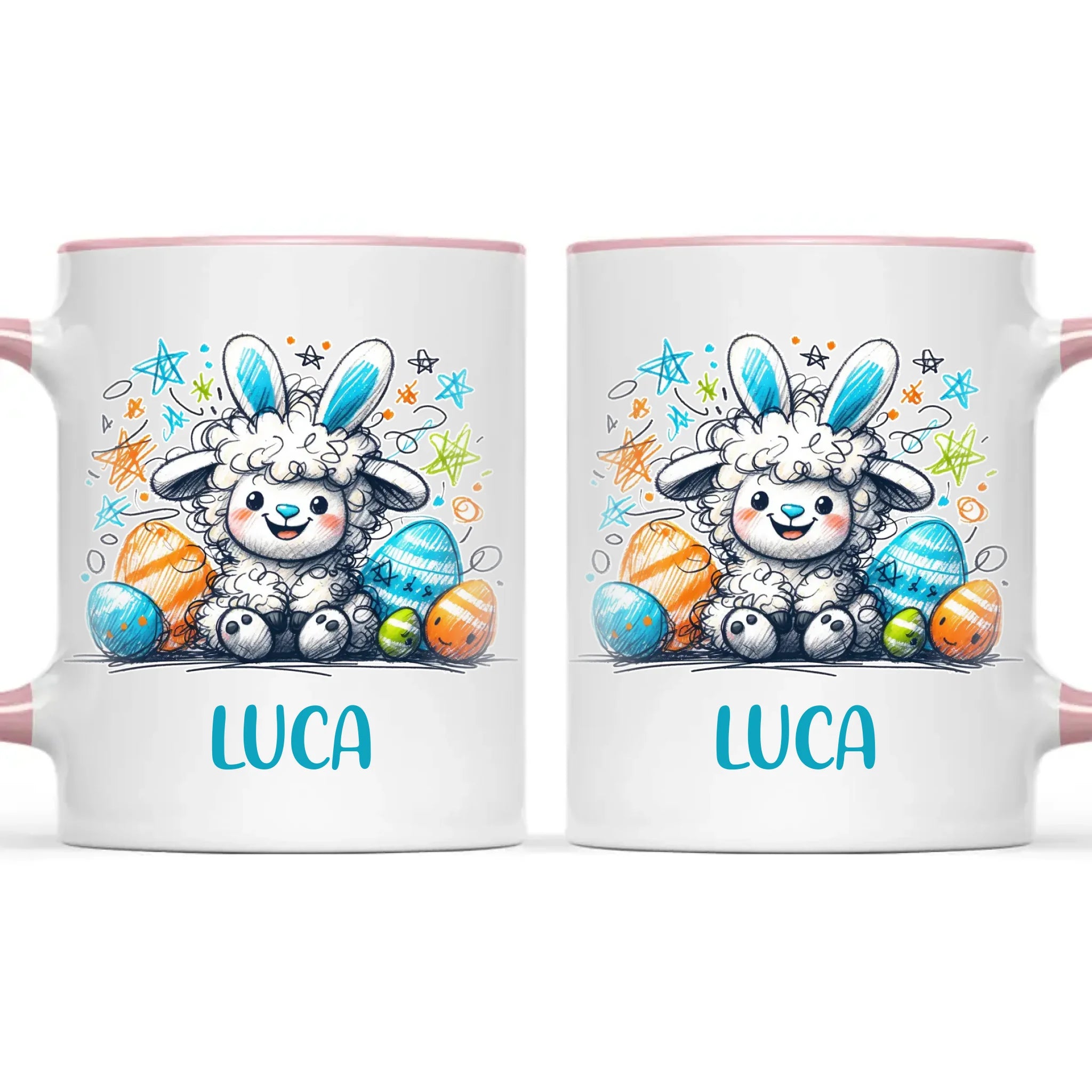 Personalised Easter Mug – Cute Boy Lamb with Bunny Ears & Eggs – Custom Name Kids Cup – Ceramic or Enamel – NZ Made Gift