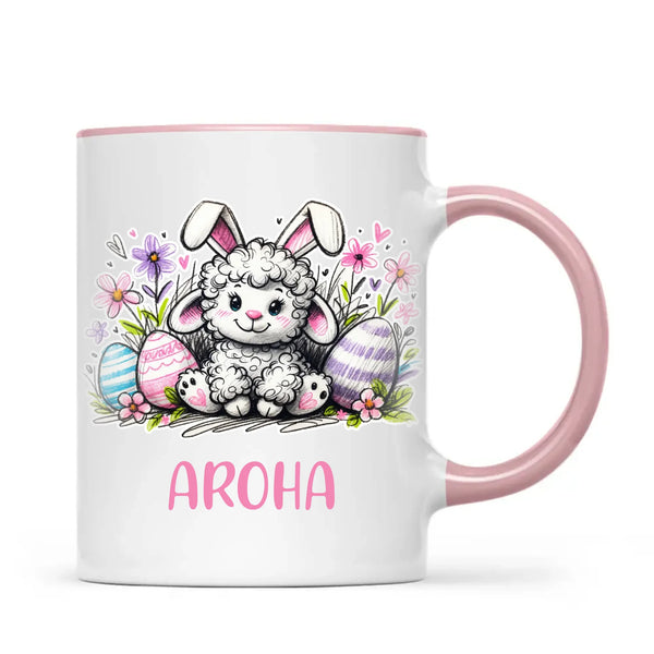 Personalised Easter Mug – Cute Lamb with Bunny Ears & Eggs – Custom Name Kids Cup – Ceramic or Enamel – NZ Made Gift
