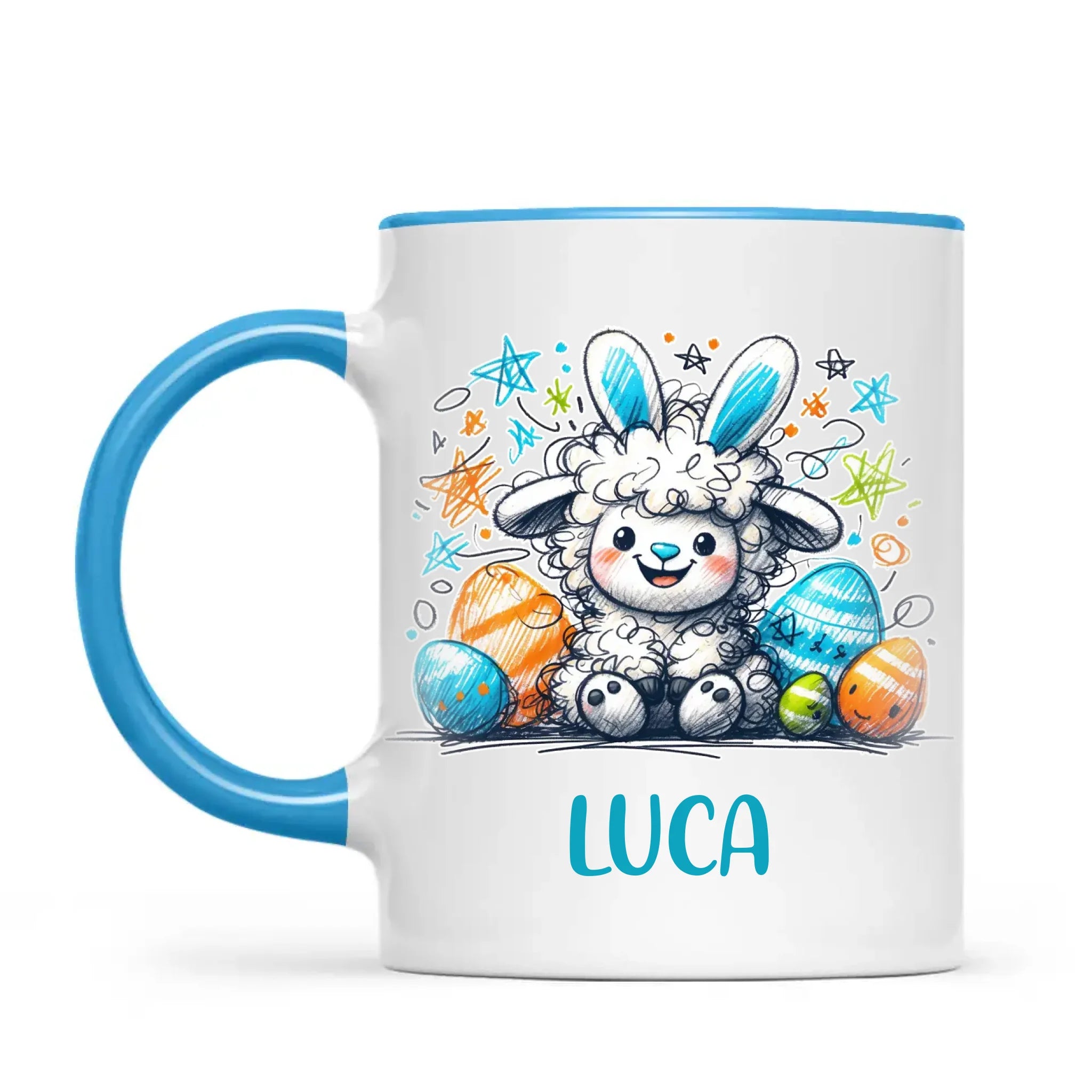 Personalised Easter Mug – Cute Boy Lamb with Bunny Ears & Eggs – Custom Name Kids Cup – Ceramic or Enamel – NZ Made Gift
