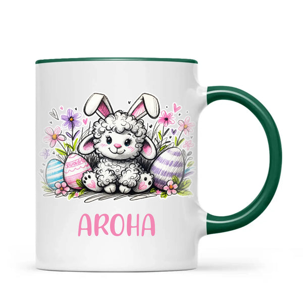 Personalised Easter Mug – Cute Lamb with Bunny Ears & Eggs – Custom Name Kids Cup – Ceramic or Enamel – NZ Made Gift