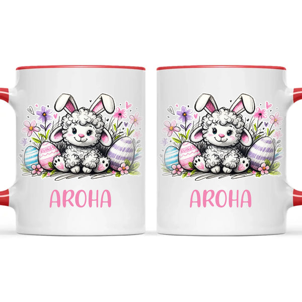 Personalised Easter Mug – Cute Lamb with Bunny Ears & Eggs – Custom Name Kids Cup – Ceramic or Enamel – NZ Made Gift