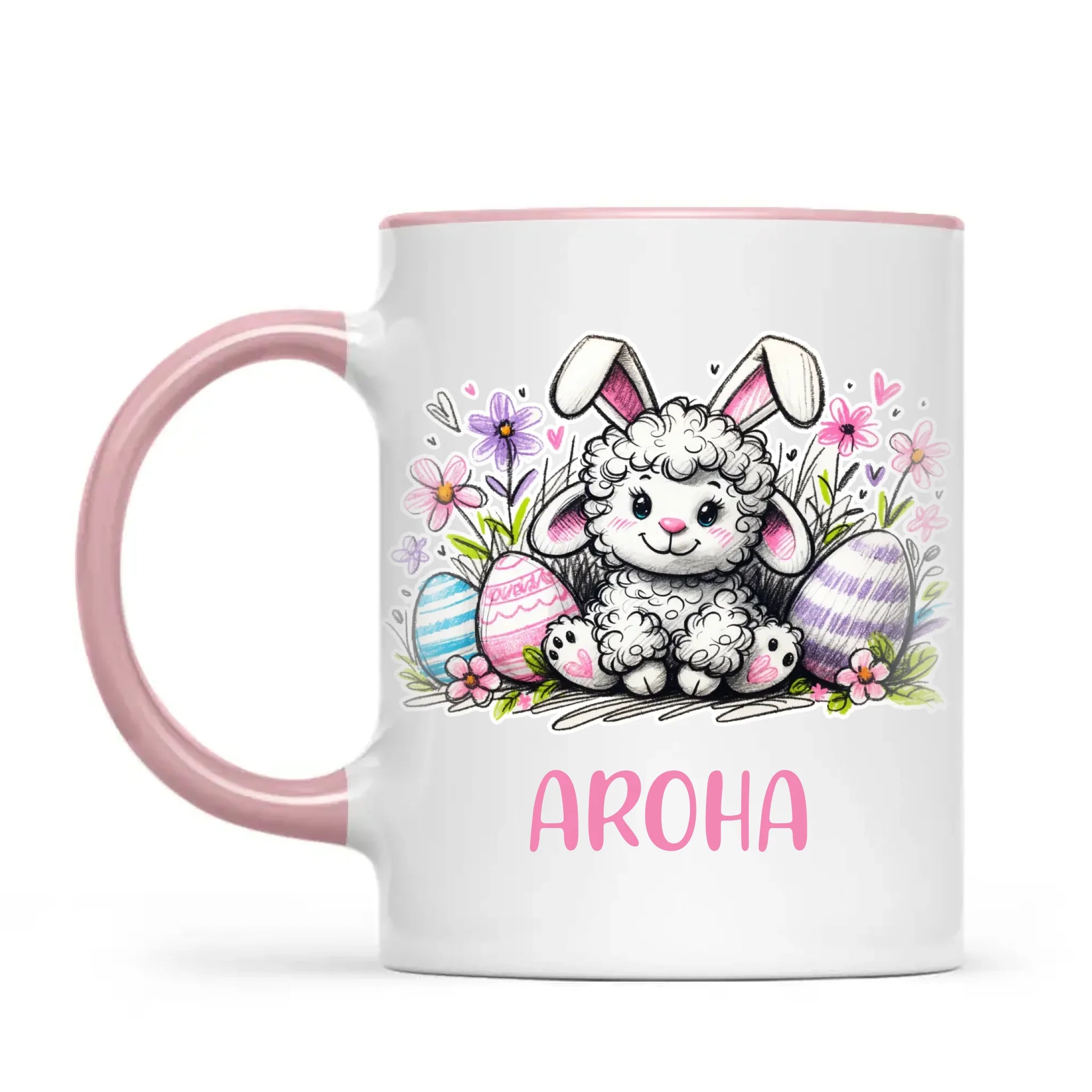 Personalised Easter Mug – Cute Lamb with Bunny Ears & Eggs – Custom Name Kids Cup – Ceramic or Enamel – NZ Made Gift