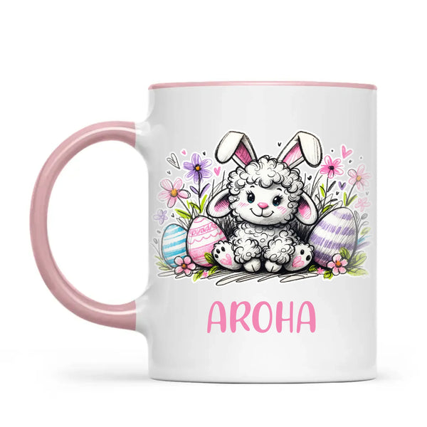 Personalised Easter Mug – Cute Lamb with Bunny Ears & Eggs – Custom Name Kids Cup – Ceramic or Enamel – NZ Made Gift