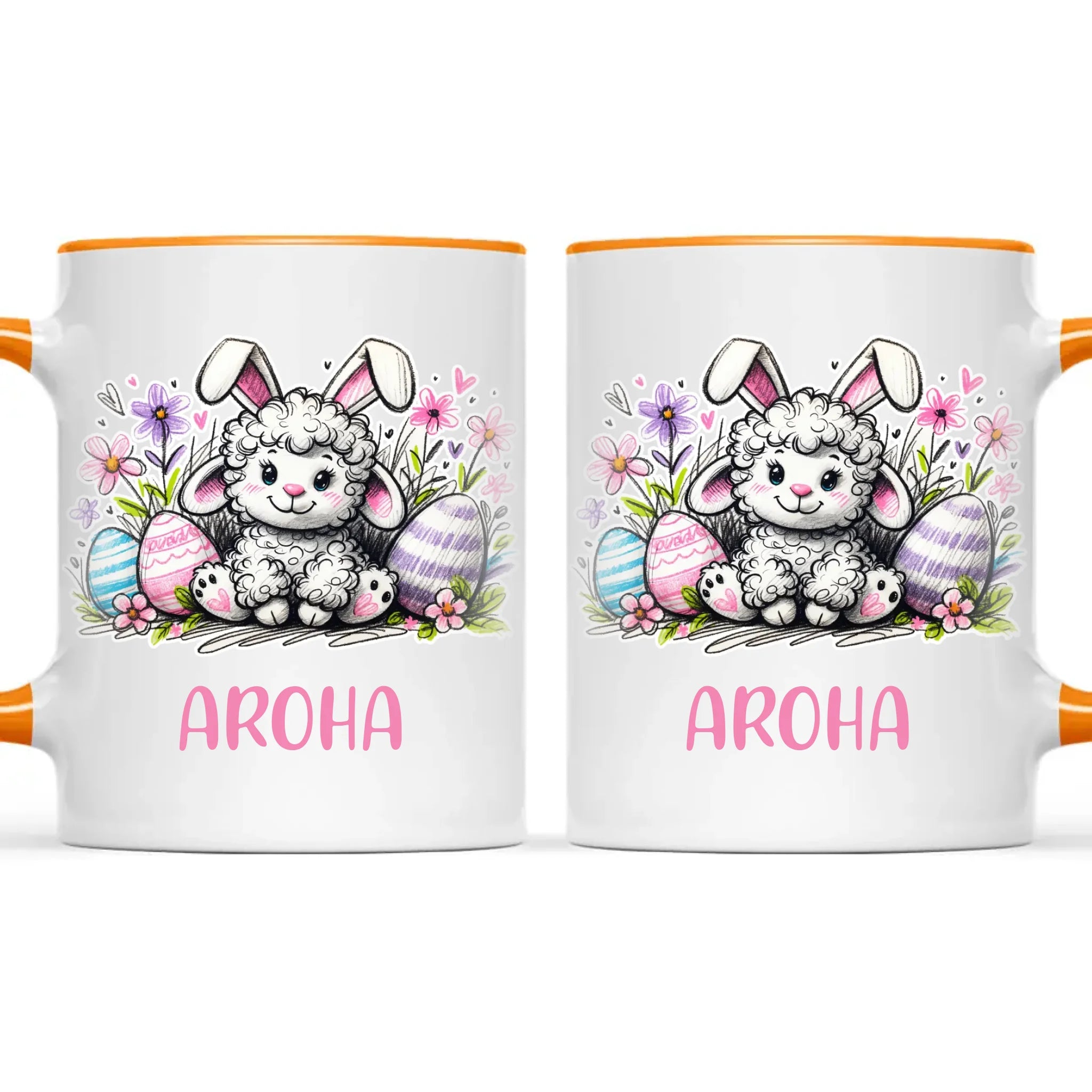 Personalised Easter Mug – Cute Lamb with Bunny Ears & Eggs – Custom Name Kids Cup – Ceramic or Enamel – NZ Made Gift
