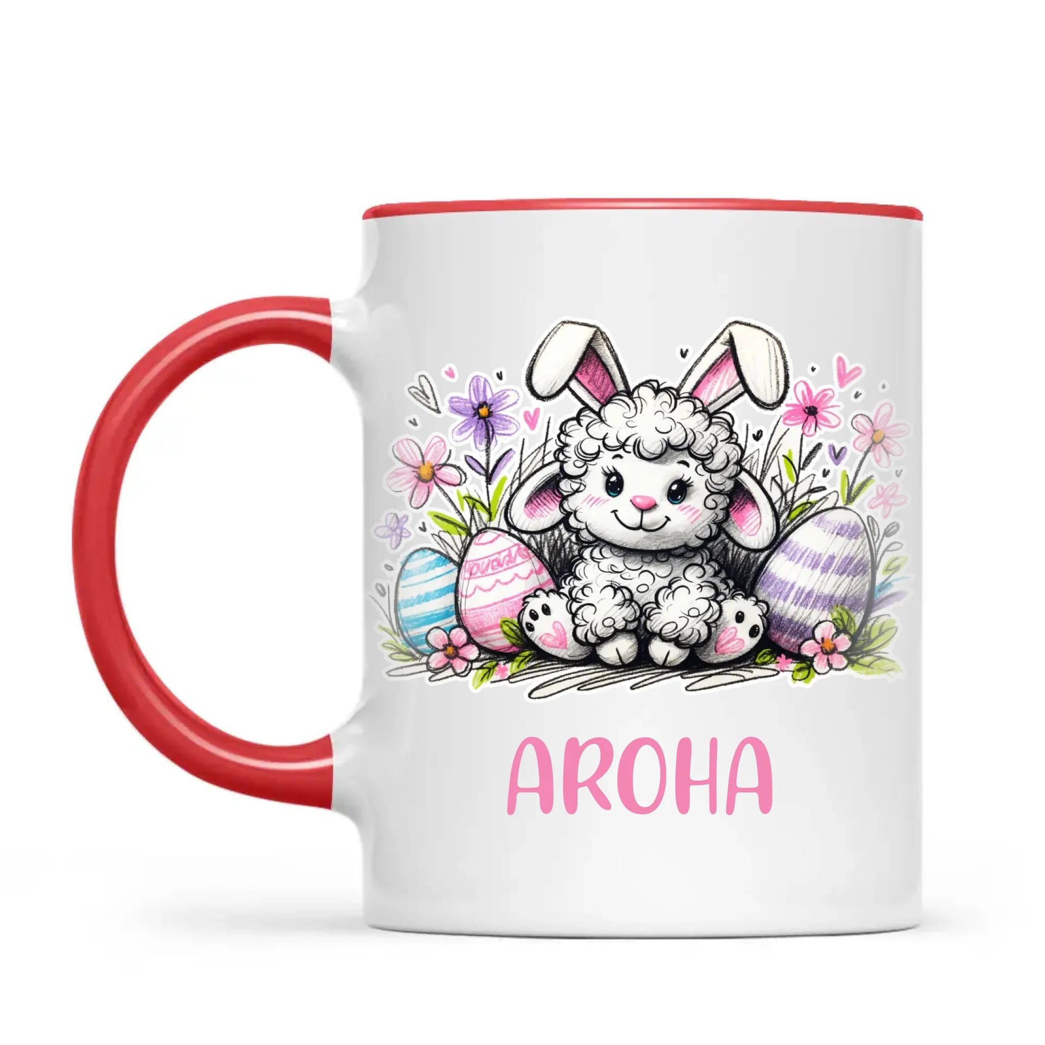 Personalised Easter Mug – Cute Lamb with Bunny Ears & Eggs – Custom Name Kids Cup – Ceramic or Enamel – NZ Made Gift