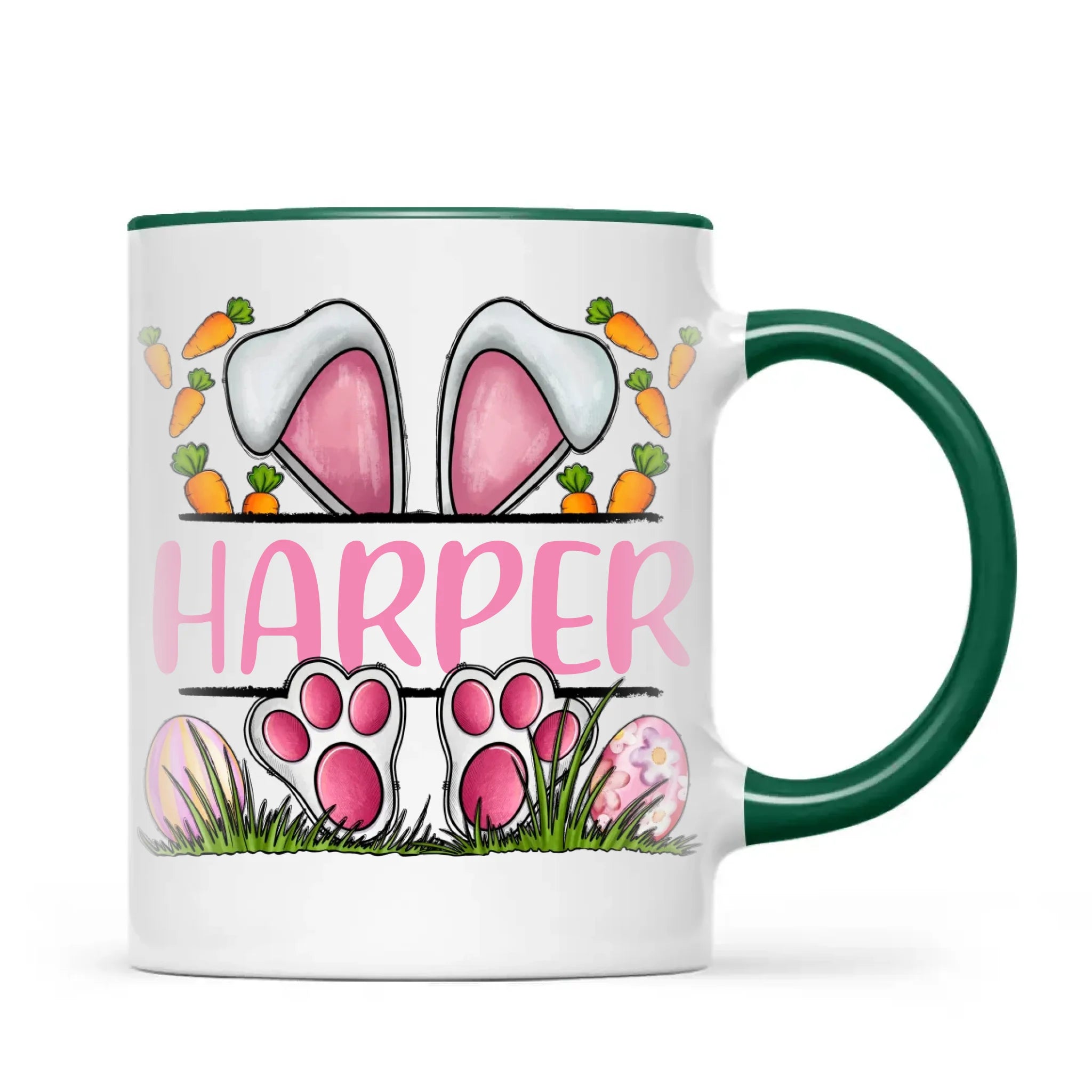 Personalised Easter Bunny Mug – Custom Name Kids Cup with Cute Pink Bunny Design, Carrots & Eggs – Enamel or Ceramic – NZ Made