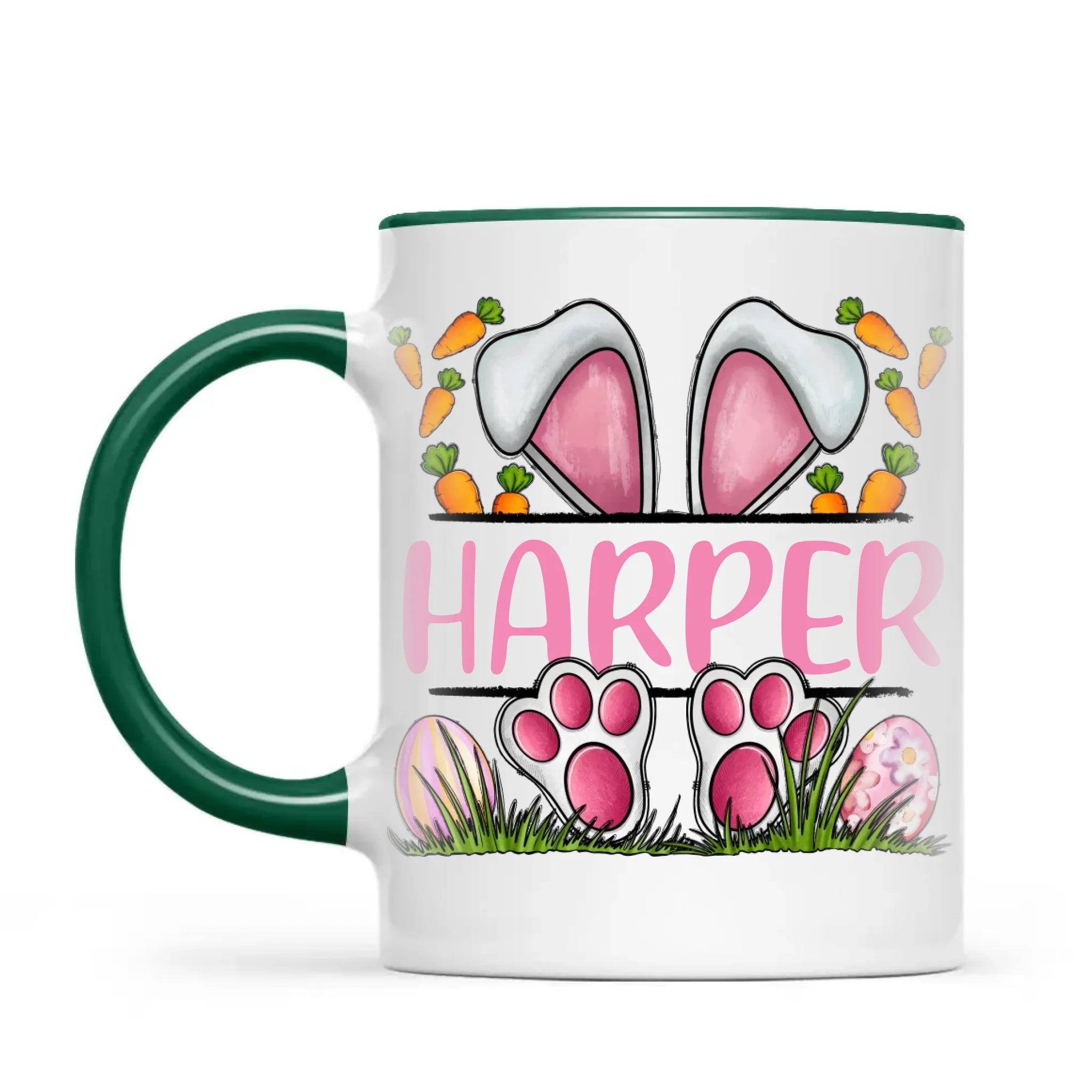 Personalised Easter Bunny Mug – Custom Name Kids Cup with Cute Pink Bunny Design, Carrots & Eggs – Enamel or Ceramic – NZ Made