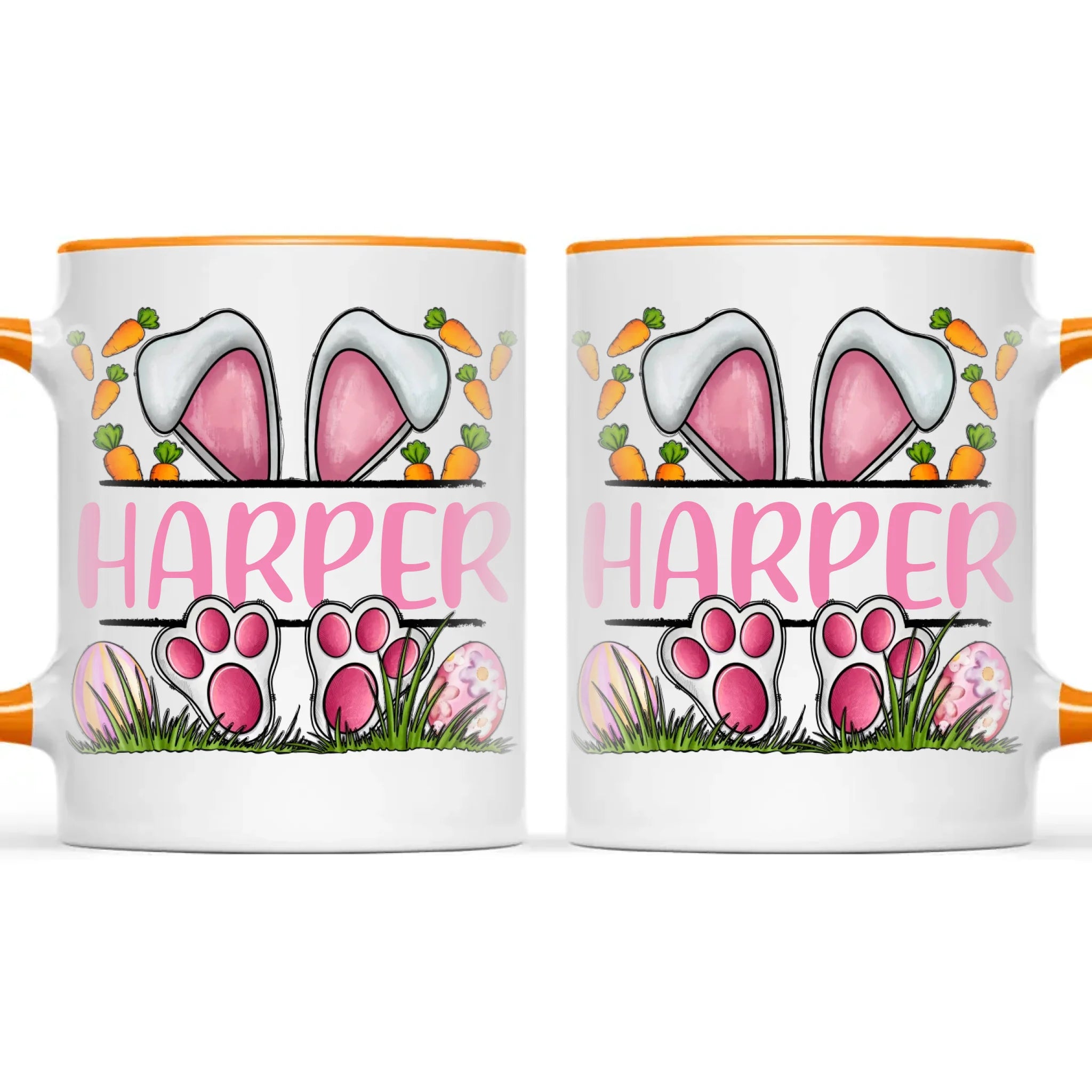 Personalised Easter Bunny Mug – Custom Name Kids Cup with Cute Pink Bunny Design, Carrots & Eggs – Enamel or Ceramic – NZ Made