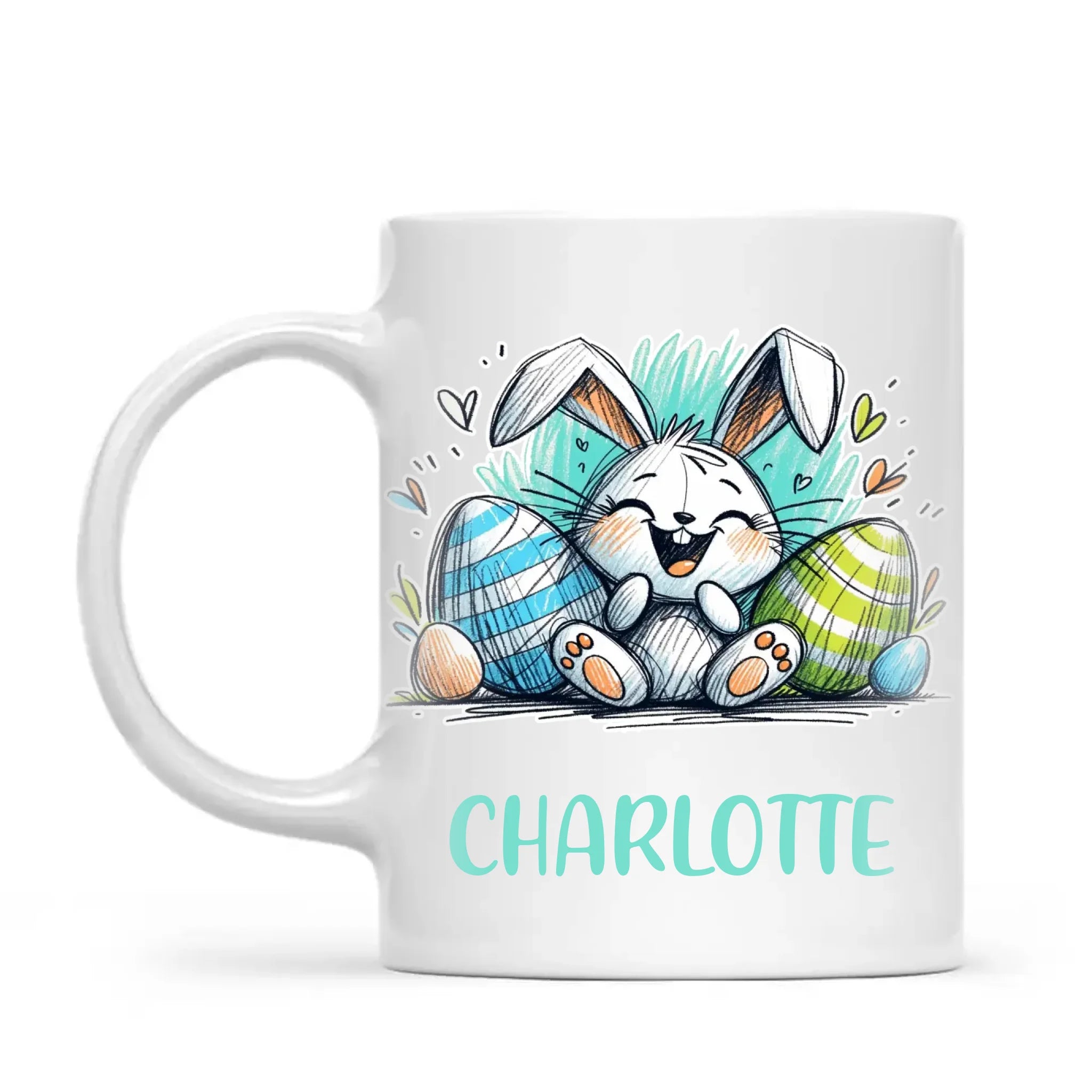 Personalised Easter Bunny Mug – Custom Name Cup for Kids – Happy Sketch Bunny with Colourful Eggs – Ceramic or Enamel – NZ Made