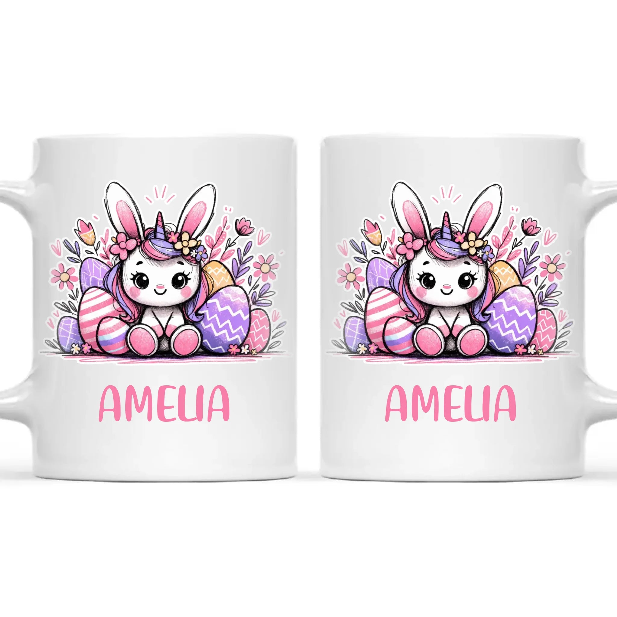 Personalised Easter Bunnycorn Mug – Custom Name Cup for Girls – Cute Unicorn Bunny with Flowers & Eggs – Ceramic or Enamel – NZ Made Gift