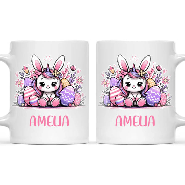 Personalised Easter Bunnycorn Mug – Custom Name Cup for Girls – Cute Unicorn Bunny with Flowers & Eggs – Ceramic or Enamel – NZ Made Gift