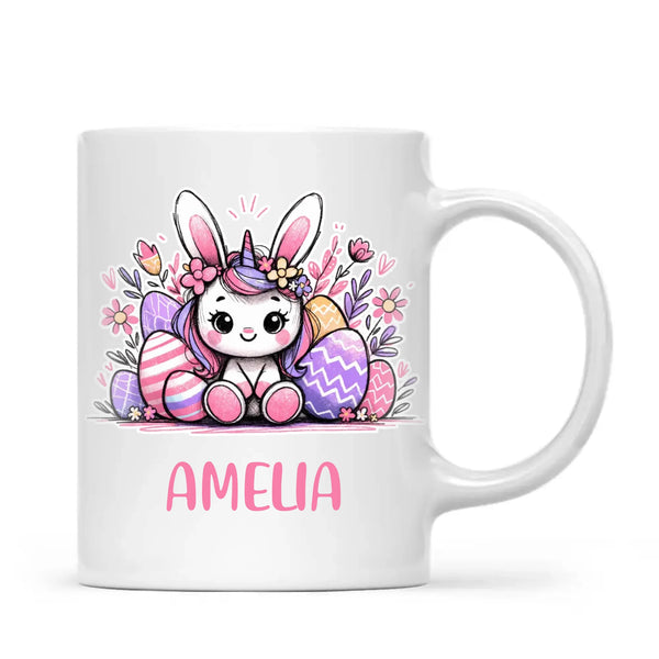 Personalised Easter Bunnycorn Mug – Custom Name Cup for Girls – Cute Unicorn Bunny with Flowers & Eggs – Ceramic or Enamel – NZ Made Gift