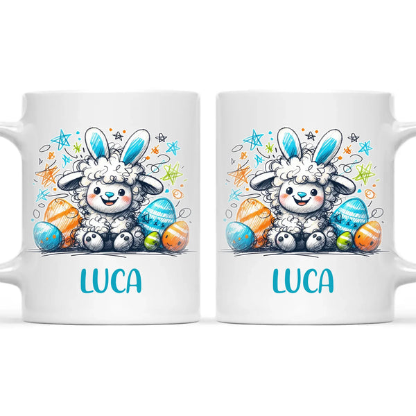 Personalised Easter Mug – Cute Boy Lamb with Bunny Ears & Eggs – Custom Name Kids Cup – Ceramic or Enamel – NZ Made Gift