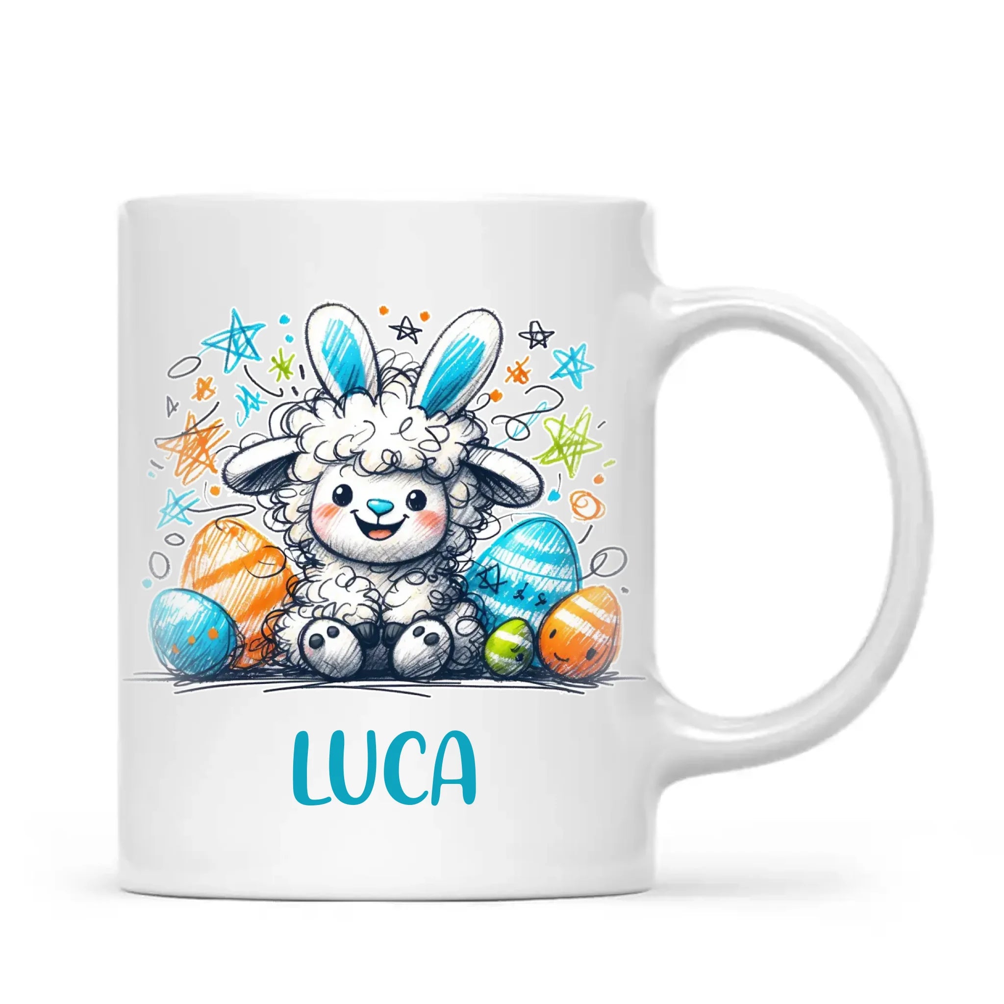 Personalised Easter Mug – Cute Boy Lamb with Bunny Ears & Eggs – Custom Name Kids Cup – Ceramic or Enamel – NZ Made Gift