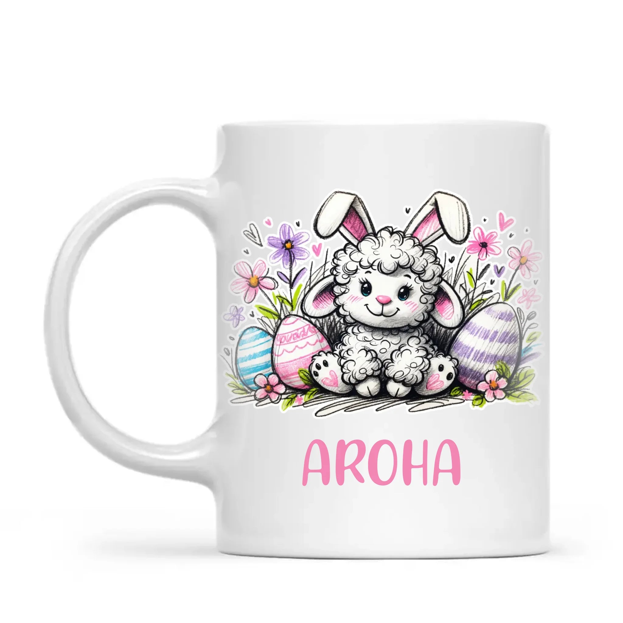 Personalised Easter Mug – Cute Lamb with Bunny Ears & Eggs – Custom Name Kids Cup – Ceramic or Enamel – NZ Made Gift