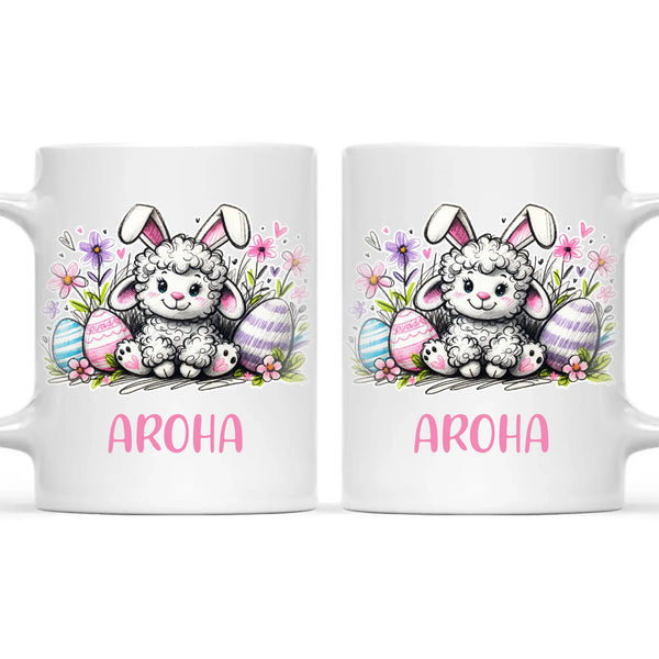 Personalised Easter Mug – Cute Lamb with Bunny Ears & Eggs – Custom Name Kids Cup – Ceramic or Enamel – NZ Made Gift