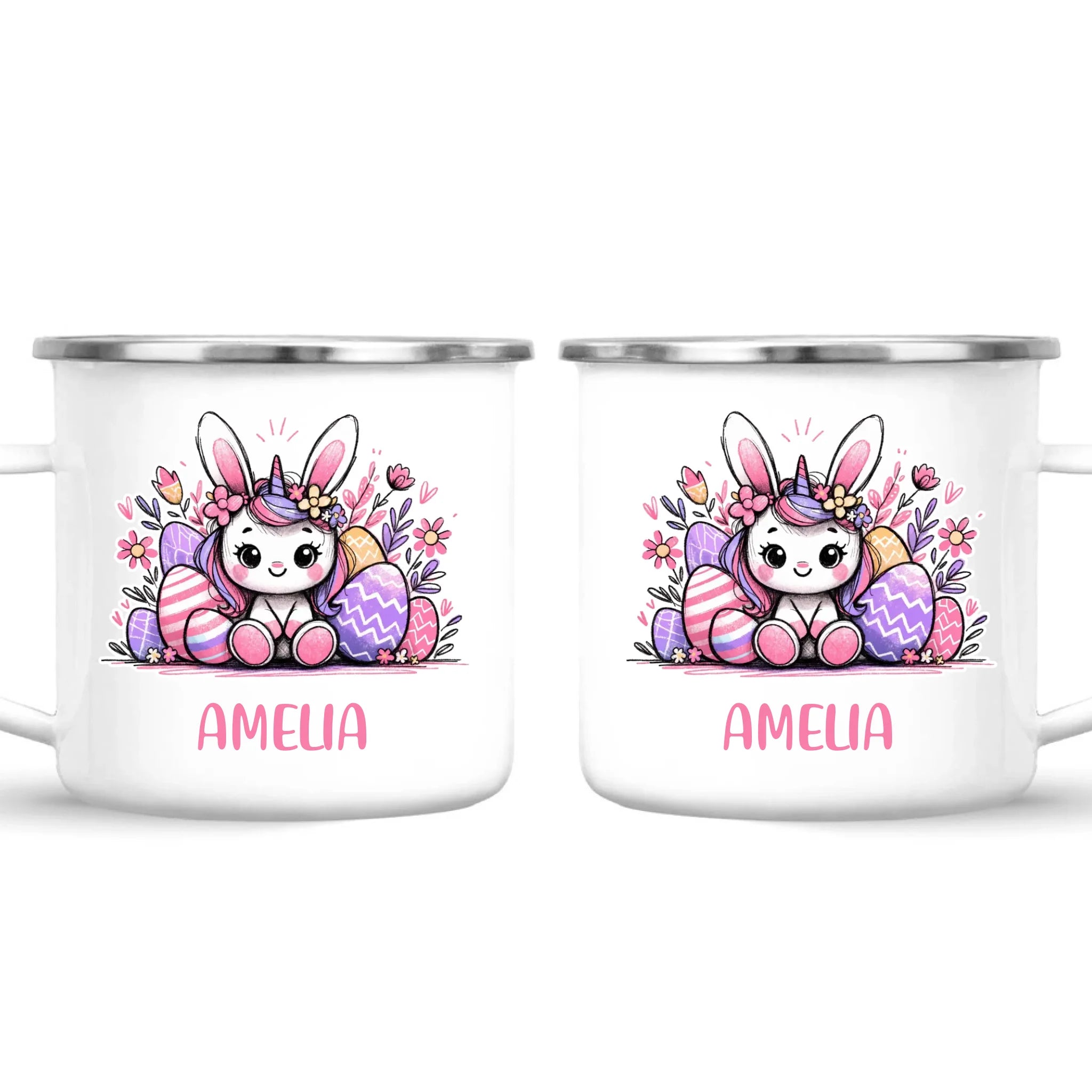 Personalised Easter Bunnycorn Mug – Custom Name Cup for Girls – Cute Unicorn Bunny with Flowers & Eggs – Ceramic or Enamel – NZ Made Gift