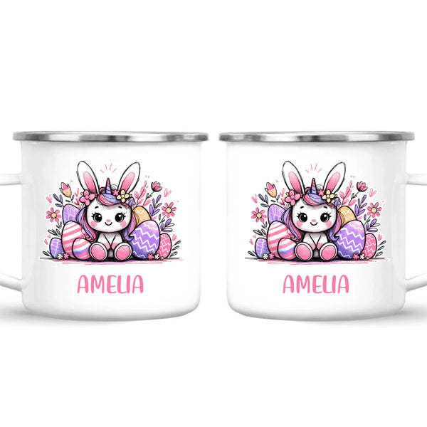 Personalised Easter Bunnycorn Mug – Custom Name Cup for Girls – Cute Unicorn Bunny with Flowers & Eggs – Ceramic or Enamel – NZ Made Gift