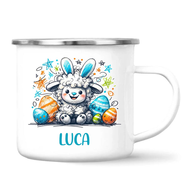 Personalised Easter Mug – Cute Boy Lamb with Bunny Ears & Eggs – Custom Name Kids Cup – Ceramic or Enamel – NZ Made Gift