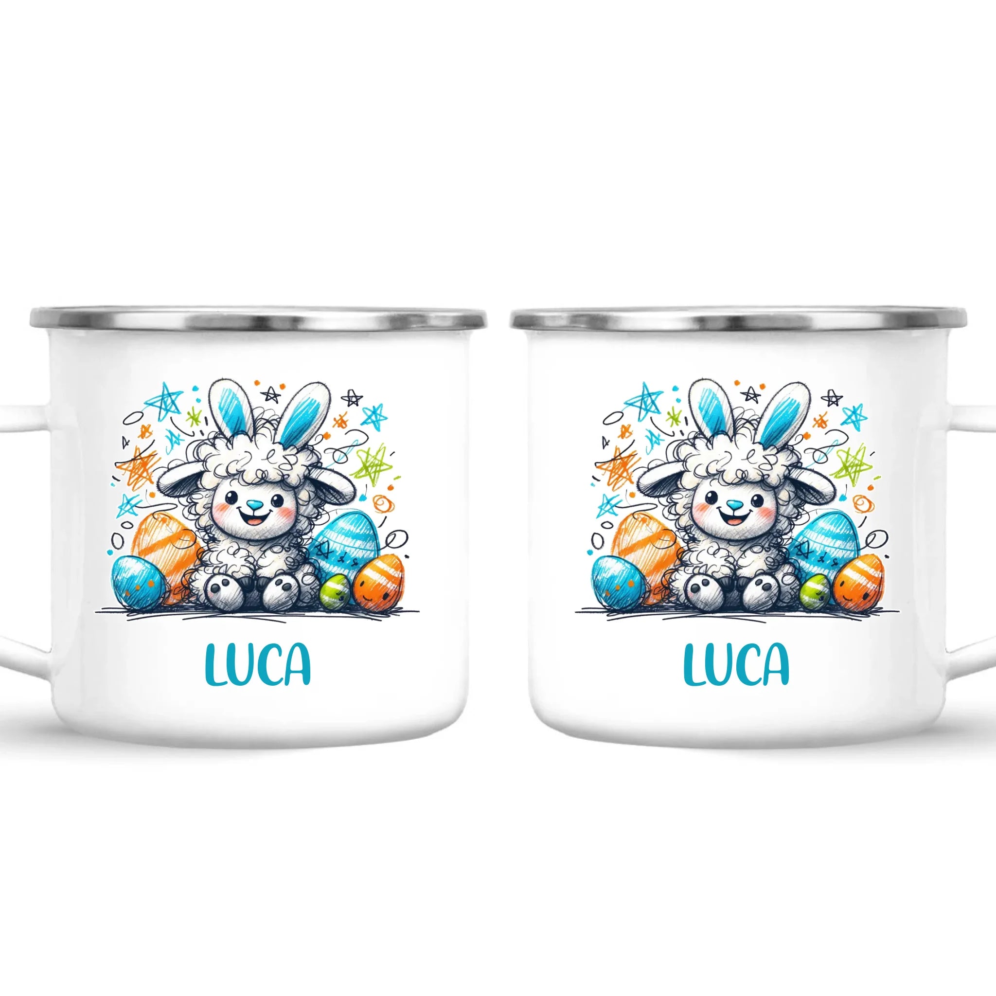 Personalised Easter Mug – Cute Boy Lamb with Bunny Ears & Eggs – Custom Name Kids Cup – Ceramic or Enamel – NZ Made Gift