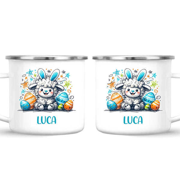 Personalised Easter Mug – Cute Boy Lamb with Bunny Ears & Eggs – Custom Name Kids Cup – Ceramic or Enamel – NZ Made Gift