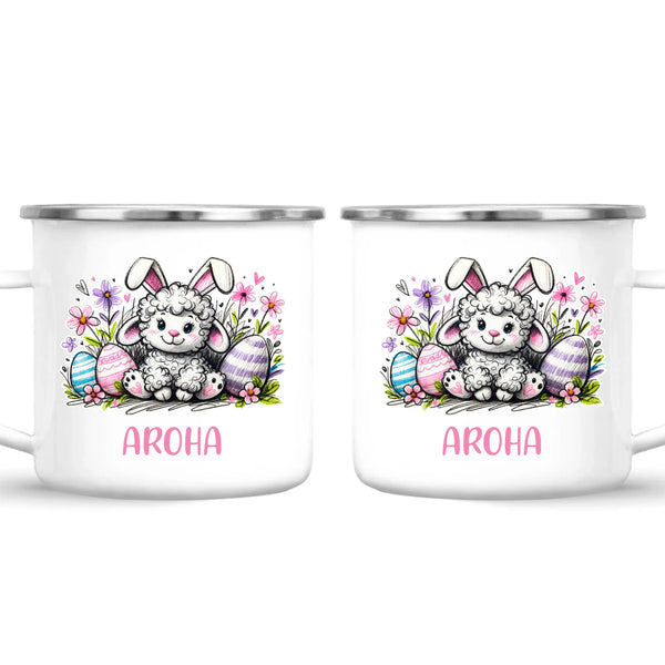 Personalised Easter Mug – Cute Lamb with Bunny Ears & Eggs – Custom Name Kids Cup – Ceramic or Enamel – NZ Made Gift