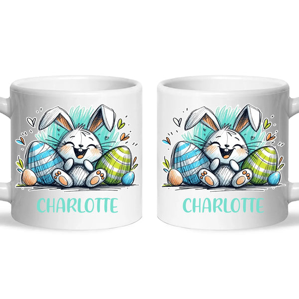 Personalised Easter Bunny Mug – Custom Name Cup for Kids – Happy Sketch Bunny with Colourful Eggs – Ceramic or Enamel – NZ Made