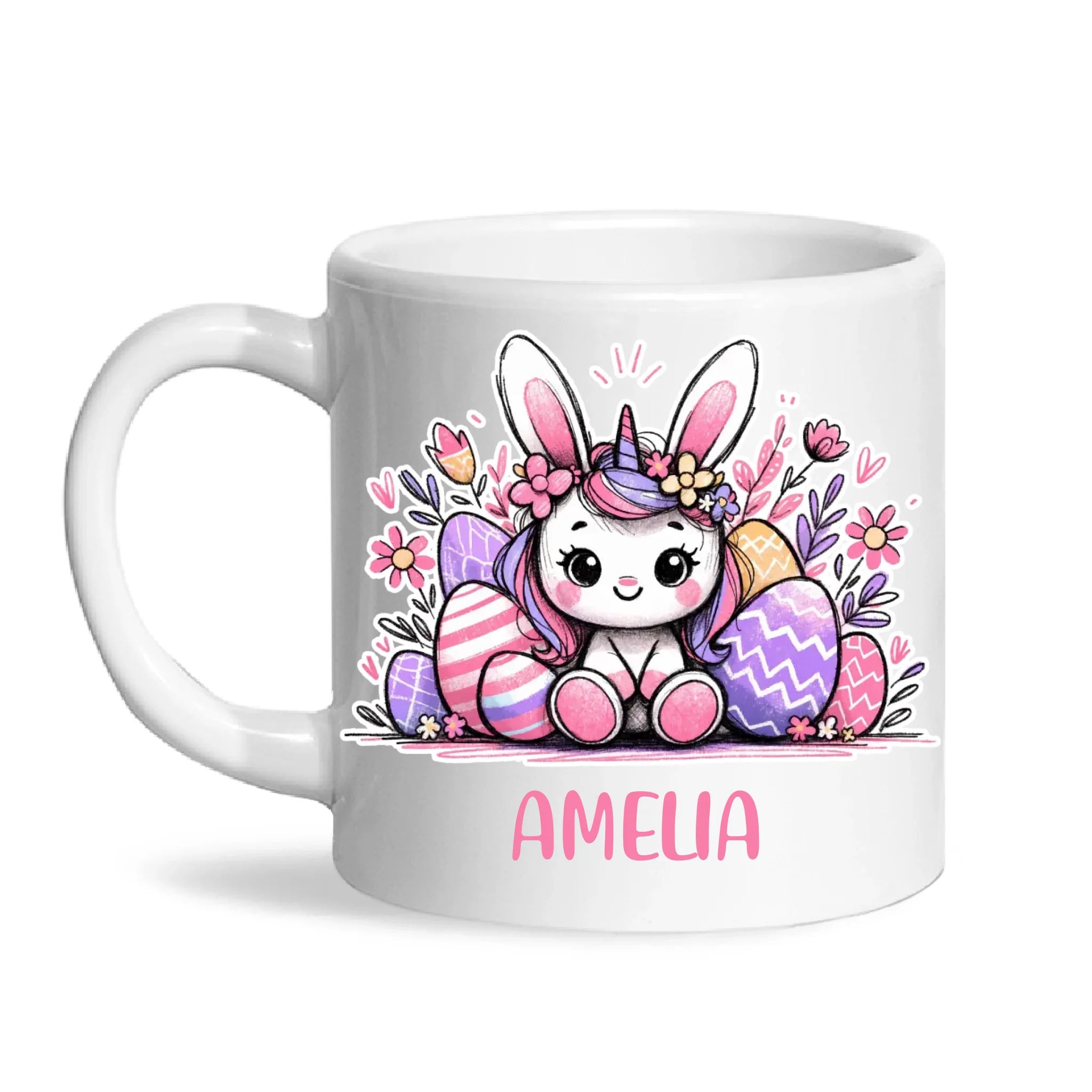 Personalised Easter Bunnycorn Mug – Custom Name Cup for Girls – Cute Unicorn Bunny with Flowers & Eggs – Ceramic or Enamel – NZ Made Gift
