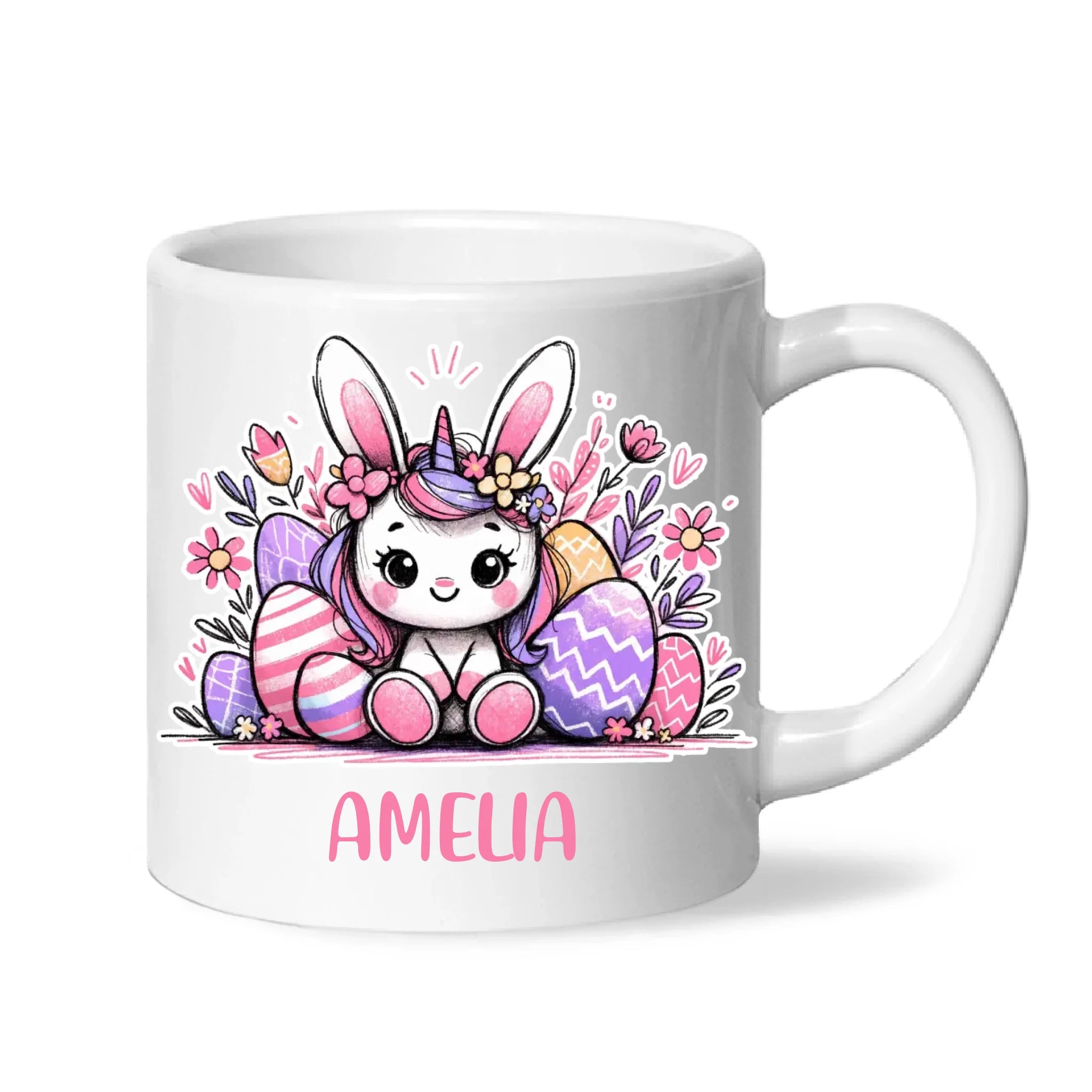 Personalised Easter Bunnycorn Mug – Custom Name Cup for Girls – Cute Unicorn Bunny with Flowers & Eggs – Ceramic or Enamel – NZ Made Gift
