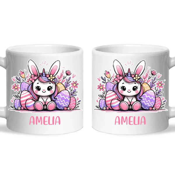 Personalised Easter Bunnycorn Mug – Custom Name Cup for Girls – Cute Unicorn Bunny with Flowers & Eggs – Ceramic or Enamel – NZ Made Gift