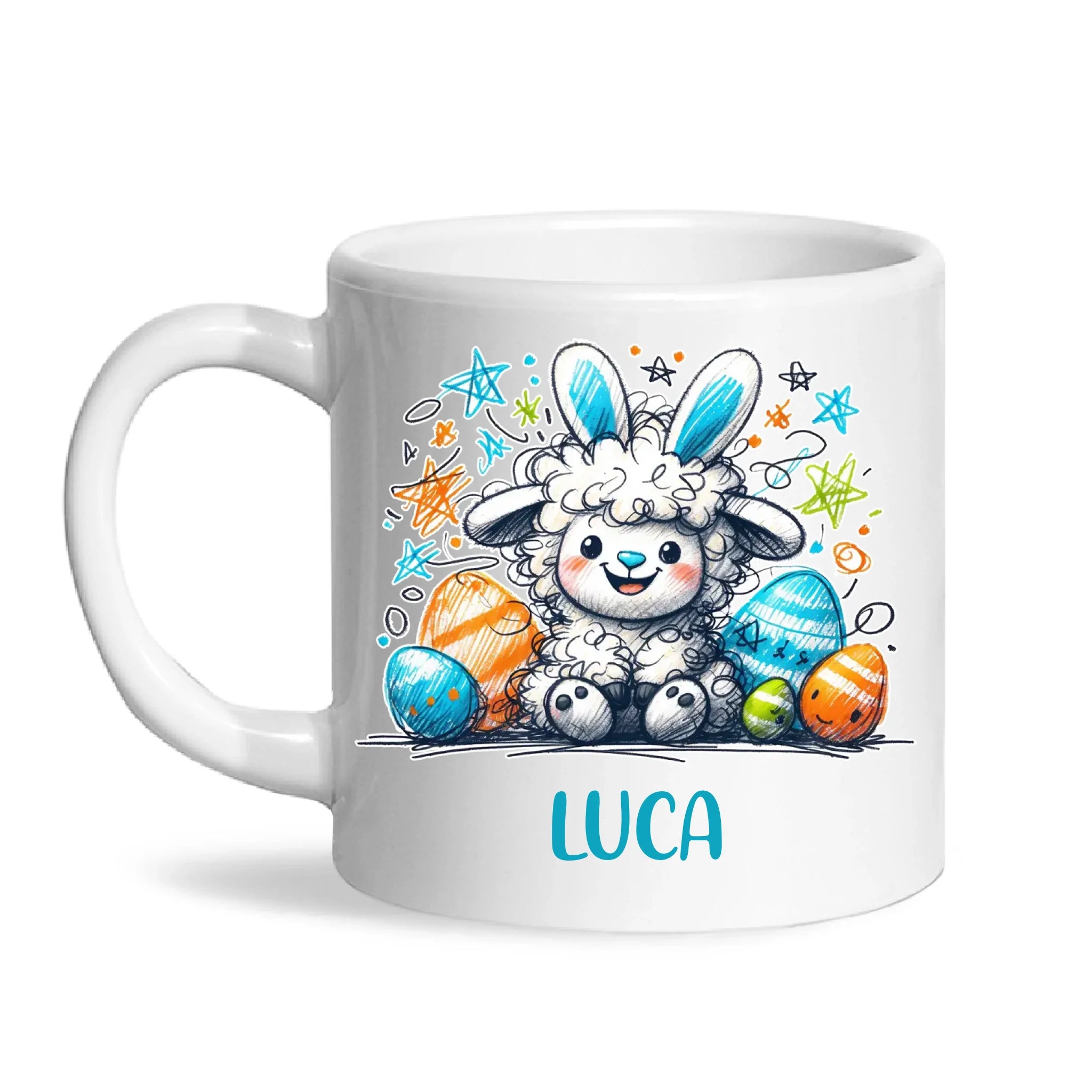 Personalised Easter Mug – Cute Boy Lamb with Bunny Ears & Eggs – Custom Name Kids Cup – Ceramic or Enamel – NZ Made Gift
