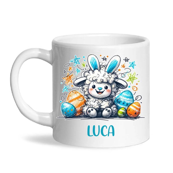 Personalised Easter Mug – Cute Boy Lamb with Bunny Ears & Eggs – Custom Name Kids Cup – Ceramic or Enamel – NZ Made Gift