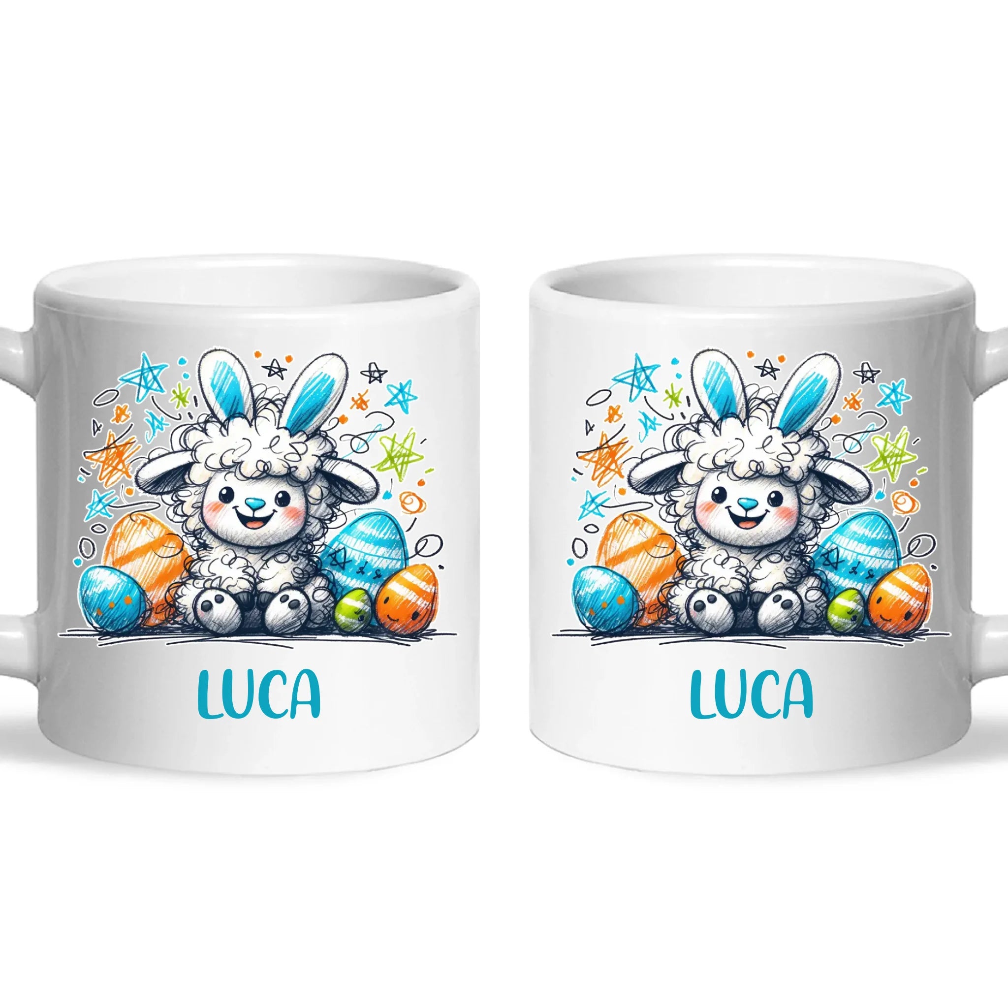 Personalised Easter Mug – Cute Boy Lamb with Bunny Ears & Eggs – Custom Name Kids Cup – Ceramic or Enamel – NZ Made Gift