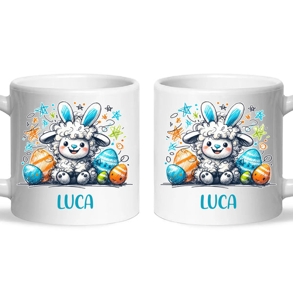 Personalised Easter Mug – Cute Boy Lamb with Bunny Ears & Eggs – Custom Name Kids Cup – Ceramic or Enamel – NZ Made Gift