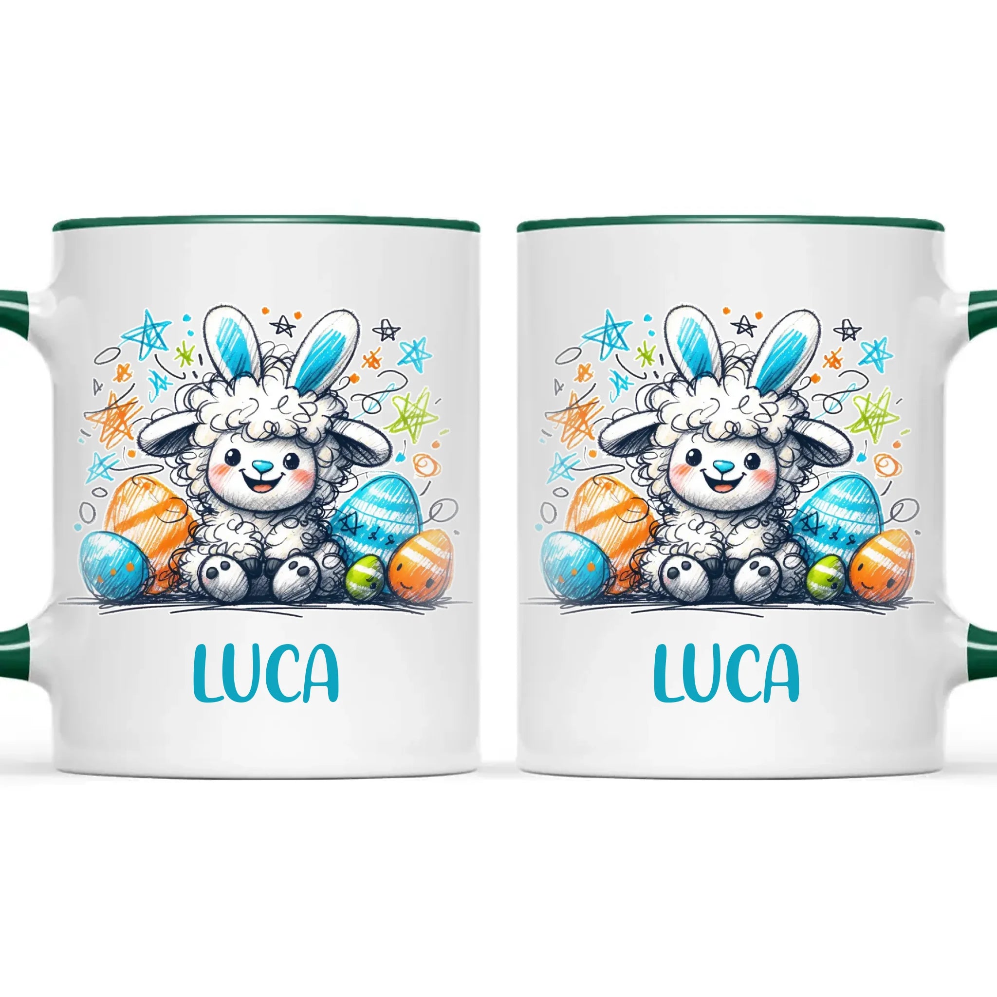 Personalised Easter Mug – Cute Boy Lamb with Bunny Ears & Eggs – Custom Name Kids Cup – Ceramic or Enamel – NZ Made Gift