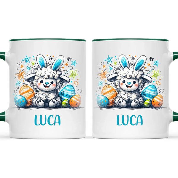 Personalised Easter Mug – Cute Boy Lamb with Bunny Ears & Eggs – Custom Name Kids Cup – Ceramic or Enamel – NZ Made Gift