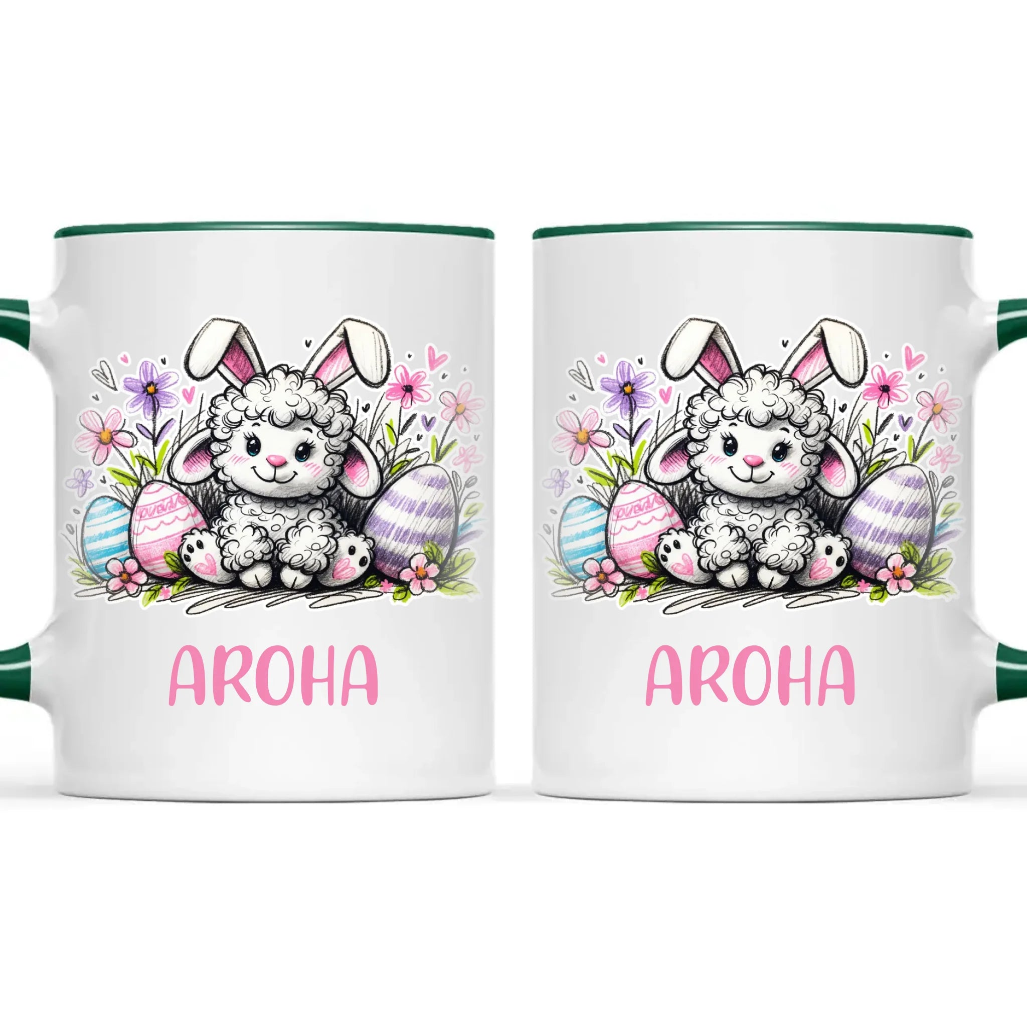 Personalised Easter Mug – Cute Lamb with Bunny Ears & Eggs – Custom Name Kids Cup – Ceramic or Enamel – NZ Made Gift